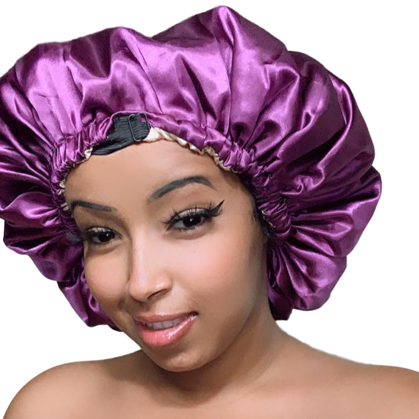 Satin Shower Cap; Double Layered, Waterproof, Adjustable, Reversible Extra Large
