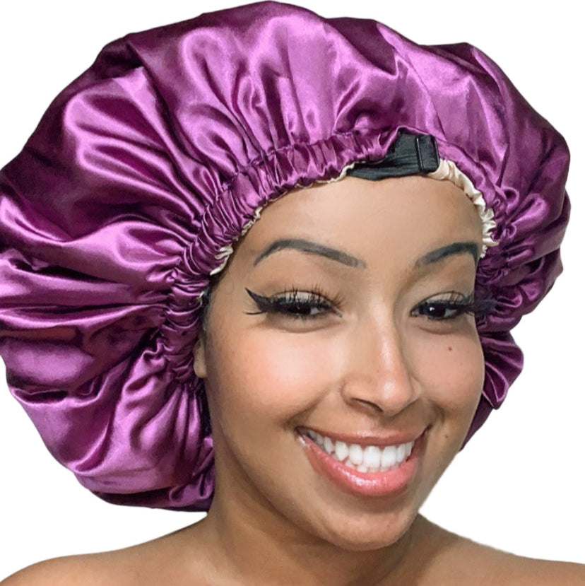 Satin Shower Cap; Double Layered, Waterproof, Adjustable, Reversible Extra Large
