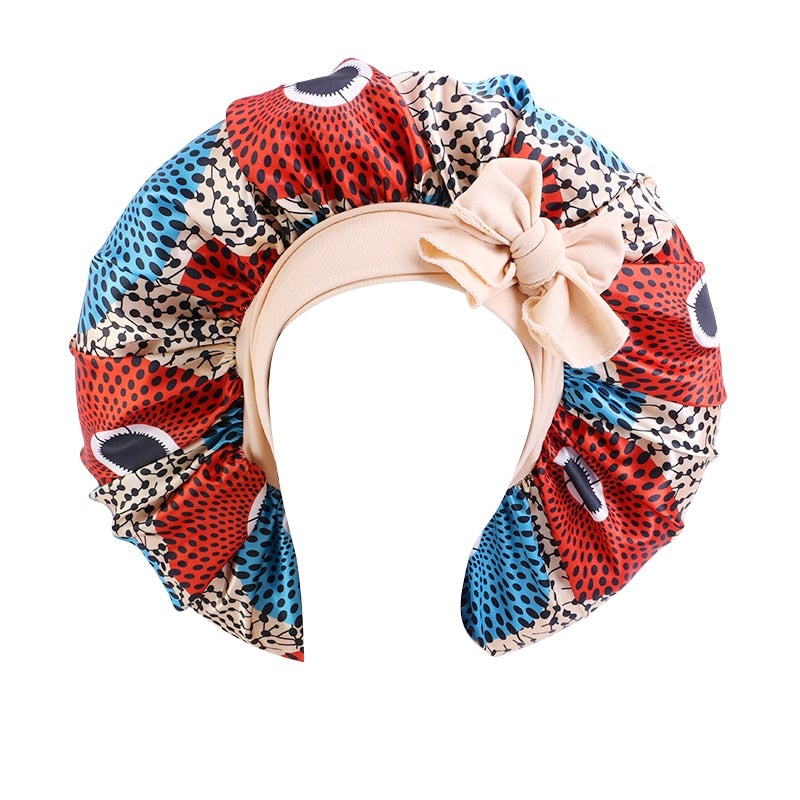 Satin Bonnet Single Layer: African, Ankara Print Wide Stretchy Edges Tie Band (Kid Size, Small & Large)