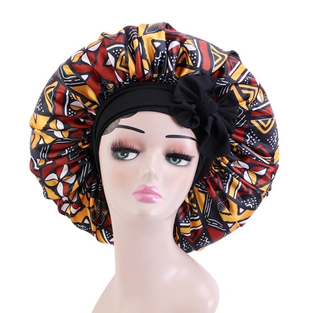 Satin Bonnet Single Layer: African, Ankara Print Wide Stretchy Edges Tie Band (Kid Size, Small & Large)