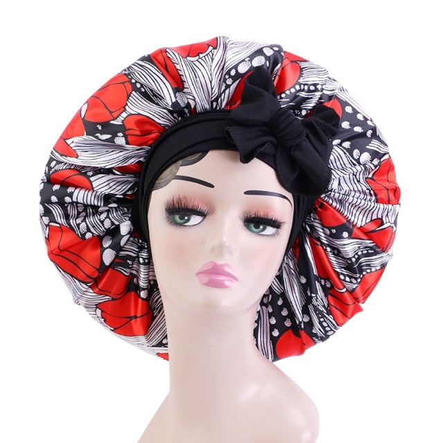 Satin Bonnet Single Layer: African, Ankara Print Wide Stretchy Edges Tie Band (Kid Size, Small & Large)