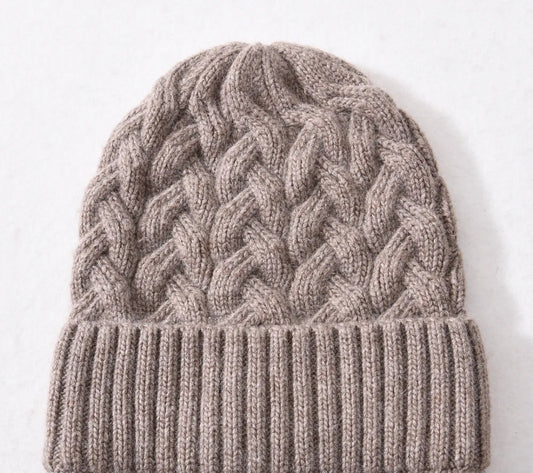 Large Stretch Satin Lined Cashmere Fur Knit Cuffed Winter Beanie Hat (Large)