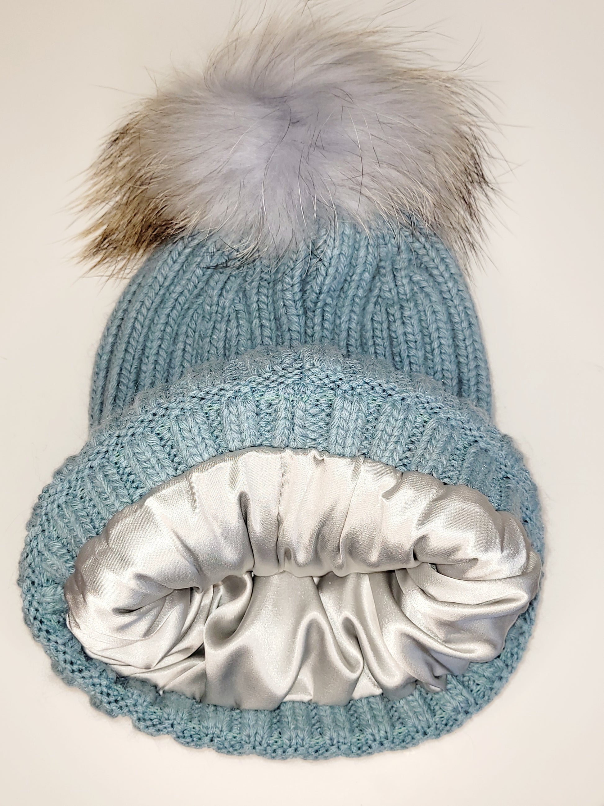 Large Stretch Satin Lined Cashmere Fur Knit Cuffed Winter Beanie Hat (Large)