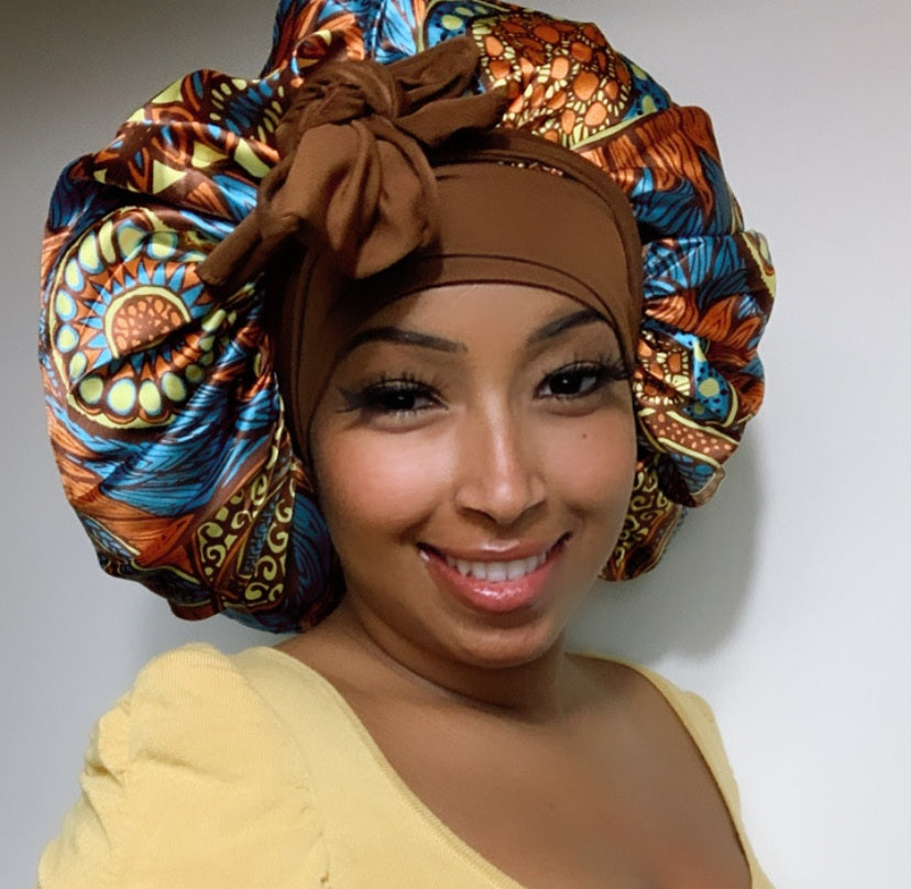 Satin Bonnet Single Layer: African, Ankara Print Wide Stretchy Edges Tie Band (Kid Size, Small & Large)