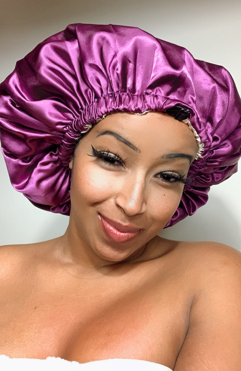 Satin Shower Cap; Double Layered, Waterproof, Adjustable, Reversible Extra Large