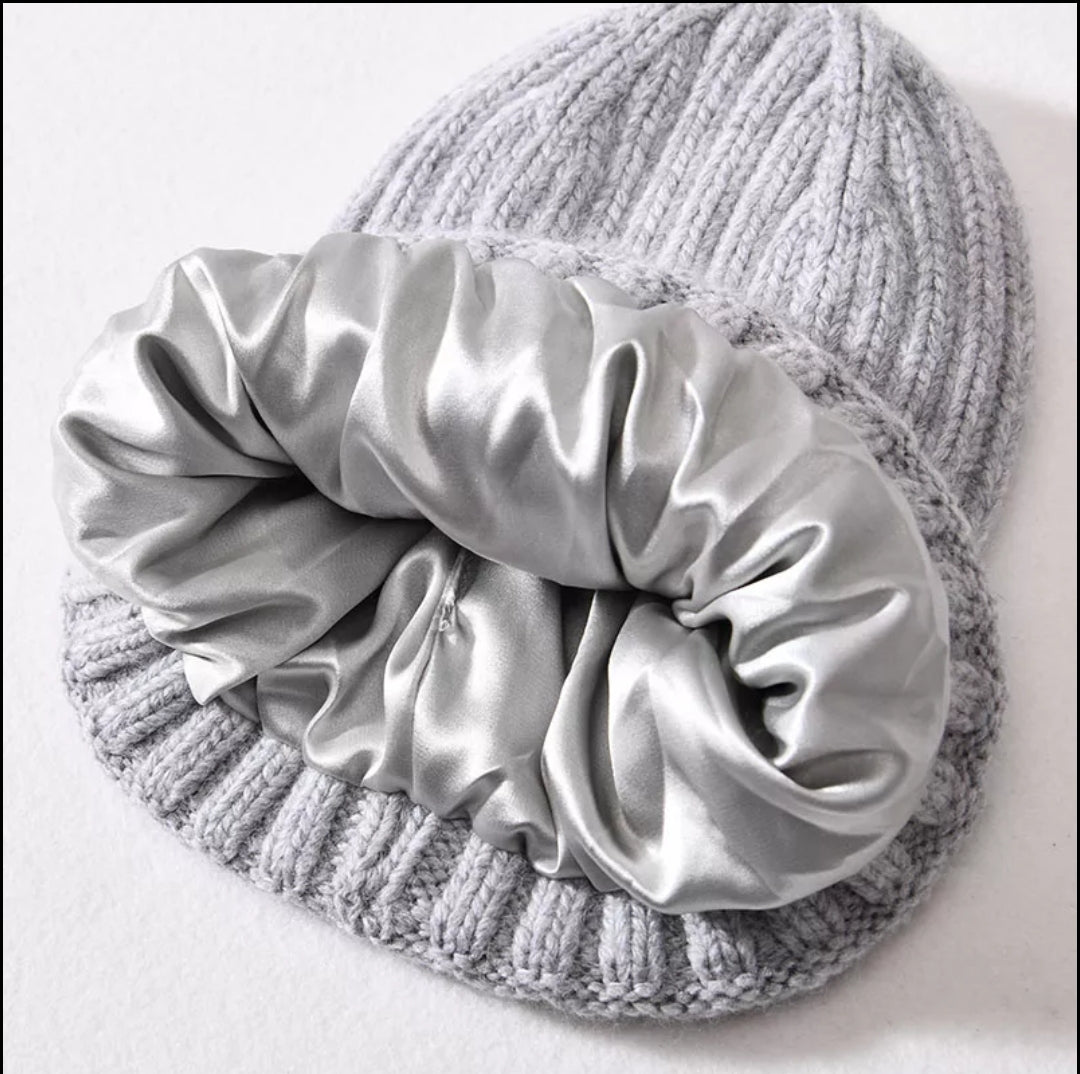 Small/Medium Kids Stretch Satin Lined Cashmere Fur Knit Cuffed Winter Beanie Hat (Large)
